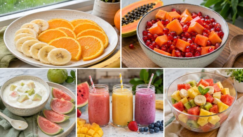 Colorful fruit breakfast and snack collage